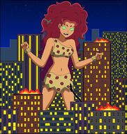 drawing giantess city mega alien black_hair color large_breasts long_hair handheld rampage bra skirt buildings green_eyes angry giganta raven teen_titans red_hair starfire dress dinosaur halloween beast_boy fire night costume bracelet semi_nude leopard_print glowing_eyes dc_comics orange_skin bare_legs nightwing nightcore100 bare_midriff starry_night