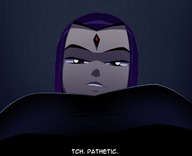 breasts drawing color large_breasts clothed purple_hair purple_eyes raven teen_titans short_hair underboob looking_at_viewer dialogue no_background dc_comics grey_skin smug