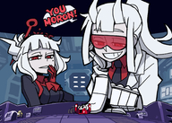 drawing giantess white_hair crush horns angel color clothed finger red_eyes smiling short_hair hand giantesses devil hand_crush finger_crush goggles laugh dialogue smirking abzome helltaker loremaster lucifer