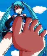 drawing giantess hatsune_miku long_hair blue_eyes barefoot blue_hair low_angle smiling vocaloid twintails looking_down smug smirking miku hatsune stardustyuki