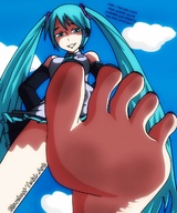 drawing giantess hatsune_miku color long_hair blue_eyes clothed toes barefoot soles blue_hair low_angle smiling vocaloid twintails looking_down clouds dirty_soles sky nail_polish point_of_view looking_at_viewer perspective bare_legs smug smirking miku hatsune stardustyuki