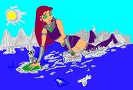 drawing giantess city mega alien bridge destruction skirt ocean anime green_eyes superhero teen_titans red_hair starfire boots titans top belt dc_comics orange_skin titans_tower jump_city