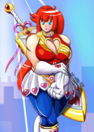 drawing giantess city mega color long_hair blue_eyes clothed sword cleavage buildings gloves red_hair ponytail muscles outdoors sky choker looking_at_viewer magical_girl white_gloves cleavage_window muscular_giantess gigamaidens sachi psychojosh muscular_female