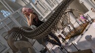 giantess color clothed stockings pink_hair dress short_hair indoors museum digital_render velocity-vektor dinosaur_skeleton