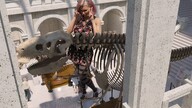 giantess color clothed stockings pink_hair dress short_hair indoors museum digital_render velocity-vektor dinosaur_skeleton