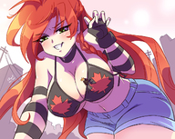breasts drawing giantess city mega color large_breasts long_hair cleavage buildings green_eyes low_angle smiling gloves shorts outdoors sky choker semi_nude orange_hair angelgts bare_legs flag_bra smirking bare_midriff nightingale122 leon_takayashi little_punk_(nightingale122) sarah_(nightingale122)