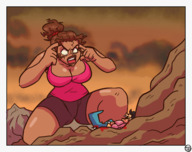butt cleavage butt_crush blood brunette ponytail short_hair mini_giantess looking_down clouds outdoors sky meme looking_at_tiny cleavage_window bare_legs otheruizart