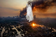 giantess crush collage feet giga city blonde color long_hair destruction clothed barefoot buildings dress foot_crush looking_down clouds outdoors sky sunset taylor_swift looking_at_tinies