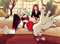 drawing feet blonde color long_hair clothed toes barefoot cleavage soles green_eyes slave yellow_eyes red_hair harley_quinn bondage sitting twintails giantesses shrunken_person indoors under_foot foot_slave choker poison_ivy sofa white_skin green_skin highlights dc_comics ozzidevs harley_quinn_(series)