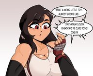 drawing color clothed red_eyes brunette tifa hand looking_down fingers dialogue handled no_background looking_at_tiny slugmanoctavio3