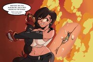 breasts drawing color large_breasts long_hair clothed cleavage red_eyes huge_breasts brunette tifa earrings dialogue no_background bare_midriff between_breasts slugmanoctavio3