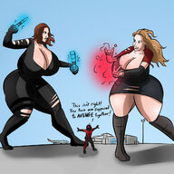 breasts drawing growth giantess mega blonde color long_hair clothed cleavage skirt huge_breasts angry brunette red_hair short_hair boots airplane fighting giantesses magic outdoors airport sky jacket costume catsuit ant-man ripped_clothing jumpsuit dialogue helmet black_widow cleavage_window marvel_comics scarlet_witch caiman2 faszsetudja scott_lang batons