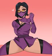 breasts drawing black_hair color clothed cleavage yellow_eyes gloves short_hair hand ninja handled no_background cleavage_window between_breasts slugmanoctavio3 sitting_on_tiny