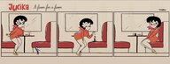 drawing crush blushing comic black_hair color butt clothed butt_crush smiling short_hair sitting shrunken_man looking_down indoors smothering diner scarf looking_at_tiny bare_legs hand_on_leg slugmanoctavio3 sitting_on_tiny jucika