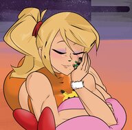 drawing gentle blonde color clothed samus_aran smiling ponytail sitting hand face shrunken_man night cheek closed_eyes bracelet handled zero_suit_samus little_mac heavy_eyeshadow slugmanoctavio3 starry_night