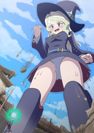 drawing growth giantess panties upskirt blonde color long_hair destruction blue_eyes clothed angry low_angle outgrowing_building boots looking_down magic clouds sky white_panties hat point_of_view looking_at_tiny thedaibijin netflix atsuko_kagari little_witch_academia bare_thighs diana_cavendish