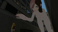 nipples giantess nude city mega black_hair color buildings topless smiling pink_hair short_hair black_eyes pink_eyes clouds sky all_fours alley heterochromia digital_render rwby yang_xiao_long bare_legs smirking bare_midriff tenguyurilove bare_thighs