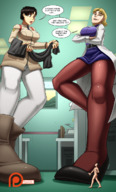 drawing giantess blonde black_hair color clothed low_angle leggings short_hair boots neon_genesis_evangelion unaware indoors shrinking_man point_of_view dialogue ritsuko_akagi shrinking_out_of_clothes spokle nude_tiny ibuki_maya