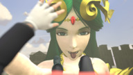 giantess mega color long_hair tongue clothed green_eyes green_hair clouds outdoors sky point_of_view looking_at_viewer tiara digital_render palutena kid_icarus tengyurilove