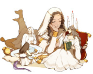 drawing gentle giantess color clothed barefoot cleavage brunette smiling unknown_artist closed_eyes candles bracelet source_needed dark_souls gwynevere cleavage_window crossbreed armlet priscilla