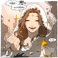 drawing giantess mega color destruction clothed brunette smiling closed_eyes bracelet dialogue korean_text dark_souls gwynevere