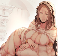 drawing giantess color cleavage smiling dress lying_down unknown_artist looking_down indoors grey_eyes bracelet source_needed dark_souls looking_at_tiny gwynevere cleavage_window armlet