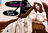 drawing black_hair color clothed barefoot cleavage brunette brown_eyes smiling lying_down short_hair unknown_artist looking_down indoors hat resident_evil bracelet dialogue source_needed dark_souls looking_at_tiny gwynevere cleavage_window armlet smirking alcina_dimitrescu
