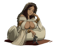 gentle color clothed cleavage brunette yellow_eyes smiling hand looking_down bracelet dark_souls no_background gwynevere cleavage_window armlet draiwng alvthric