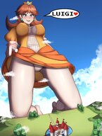 drawing giantess mega upskirt color blue_eyes clothed brunette castle low_angle gloves leggings dress crown mountains luigi super_mario clouds outdoors sky earrings dialogue princess_daisy hills white_gloves charlydibu