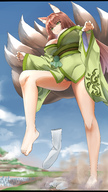 breasts drawing giantess crush panties feet giga city upskirt color long_hair destruction clothed barefoot cleavage buildings green_eyes brunette fox low_angle smiling fox_ears socks foot_crush kitsune looking_down clouds outdoors sky nail_polish bracelet black_panties white_socks debris bare_legs looking_at_tinies nine_tails nz down twitter goddessharu