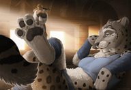 drawing gentle giantess furry macro tail cat anthro color blue_eyes clothed toes barefoot soles tiny smiling paws leopard nail between_toes indoors claw paw_pads foot_wraps looking_at_tiny bare_legs hand_on_head smirking hand_wraps bare_midriff human bare_paws filing skathi ipoke retroinferno