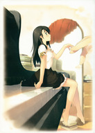 drawing gentle black_hair color long_hair skirt sitting kantoku hand minigirl shrunken_woman fingers indoors source_needed keys female_hand bare_legs piano miyaguchi_hiromi
