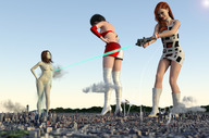 nipples giantess collage nude giga city color long_hair destruction clothed barefoot buildings green_eyes brunette topless red_hair short_hair boots giantesses clouds sky future digital_render bare_legs bare_midriff bare_thighs growthray