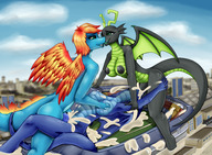 breasts drawing nipples giantess nude furry dragoness horns tail wings city mega color futanari cum penis barefoot buildings wet green_eyes orgasm topless stadium short_hair kissing giantesses threesome clouds sky fluids orange_hair bare_butt scalie bare_back bare_legs bare_midriff bare_thighs cyancouatl knockedoutdragon
