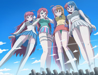 breasts drawing giantess panties giga city upskirt long_hair blue_eyes clothed skirt buildings blue_hair smiling socks pink_hair red_hair pink_eyes airplane looking_down giantesses clouds sky white_panties orange_eyes rings looking_at_viewer bracelet long_socks orange_hair hairband heterochromia thedaibijin looking_at_tinies mikeyj1093 green_panties protectors outodor