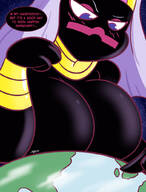 breasts drawing giantess white_hair earth giga alien space color large_breasts long_hair blue_eyes planet cleavage finger angry topless purple_eyes hand queen looking_down finger_crush necklace bracelet dialogue stars semi_nude cosmic_giantess theenglishgent queen_tyrahnee duck_dodgers black_skin terra cartoon_network