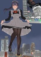 drawing giantess crush feet giga city comic black_hair color long_hair destruction clothed buildings stockings purple_eyes smiling ponytail dress foot_crush maid_uniform night shoe_crush outdoors sky under_foot debris mary_janes piyonaf bulidings