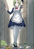 drawing giantess city mega color destruction clothed rampage buildings ribbon purple_eyes socks green_hair dress short_hair maid_uniform vehicles outdoors sky hair_ribbon long_socks white_socks mary_janes piyonaf