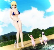 bikini gentle giantess blonde color blue_eyes beach barefoot cleavage ocean ribbon smiling short_hair looking_down sand clouds outdoors sky hair_ribbon semi_nude digital_render bare_legs kingklon bare_midriff looking_at_tinies bare_thighs