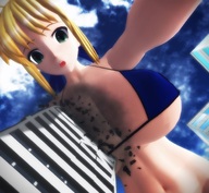bikini breasts crush city blonde color large_breasts destruction fate cleavage buildings green_eyes huge_breasts breast_crush low_angle short_hair looking_down clouds outdoors sky looking_at_viewer debris digital_render kingklon bare_midriff looking_at_tinies sabre arthuria_pendragon