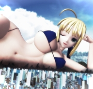 bikini breasts giantess giga city blonde color destruction fate cleavage buildings green_eyes smiling lying_down short_hair clouds outdoors sky looking_at_viewer semi_nude winking digital_render bare_legs bare_midriff bare_thighs