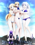 bikini giantess white_hair giga size_difference city mega blonde color long_hair blue_eyes playful buildings green_eyes ribbon purple_eyes multiple_sizes smiling ponytail short_hair looking_down mountains giantesses clouds outdoors sky hair_ribbon semi_nude looking_at_city digital_render bare_legs bare_midriff looking_at_tinies flip_flop bare_thighs