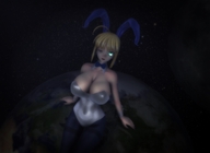 giantess earth blonde space color bunny_ears clothed fate planet cleavage green_eyes high_angle smiling short_hair looking_up looking_at_viewer stars winking digital_render cosmic_giantess kingklon bowtie terra arthuria_pendragon