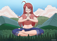 drawing growth giantess color long_hair clothed barefoot red_hair sitting mountains forest pants clouds outdoors sky closed_eyes ripped_clothing sitting_on_floor meditation amber bare_midriff dakunart blazingbarrager