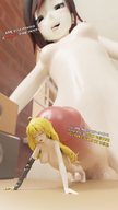 nipples nude blonde black_hair color long_hair futanari cum penis topless short_hair underboob shrunken_woman indoors ruby dialogue red_highlights highlights digital_render rwby yang_xiao_long bare_legs bare_midriff giafanatic bare_thighs nude_tiny