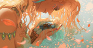 drawing blonde color long_hair blue_eyes cleavage water unknown_artist hand looking_down nail_polish source_needed handled looking_at_tiny the_legend_of_zelda petals armlet link_(the_legend_of_zelda)