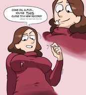 breasts drawing gentle blushing color large_breasts long_hair clothed climbing brunette low_angle kissing heart shrunken_man teasing milf commission dialogue no_background climbing_clothes sound_effects looking_at_tiny hilda_(series) alfur johanna_(hilda) mousie mousemunches