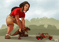 drawing color long_hair clothed shoes brunette brown_eyes smiling socks ponytail dinosaur shorts looking_down vehicles clouds outdoors sky trees dialogue white_socks roxie looking_at_tinies kisparlius jurassic_world_camp_cretaceous