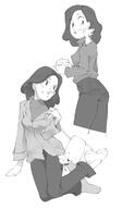 drawing gentle monochrome clothed smiling short_hair shoulder milf bag on_shoulder no_background looking_at_tiny hilda_(series) alfur johanna_(hilda) grayscale simon_7617118