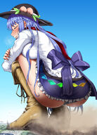 drawing giantess crush panties blushing giga city upskirt color long_hair destruction clothed buildings touhou blue_hair smiling boots unknown_artist squatting fart outdoors sky hat nail_polish closed_eyes striped_panties source_needed rear_view debris tenshi_hinanawi bare_legs bare_thighs